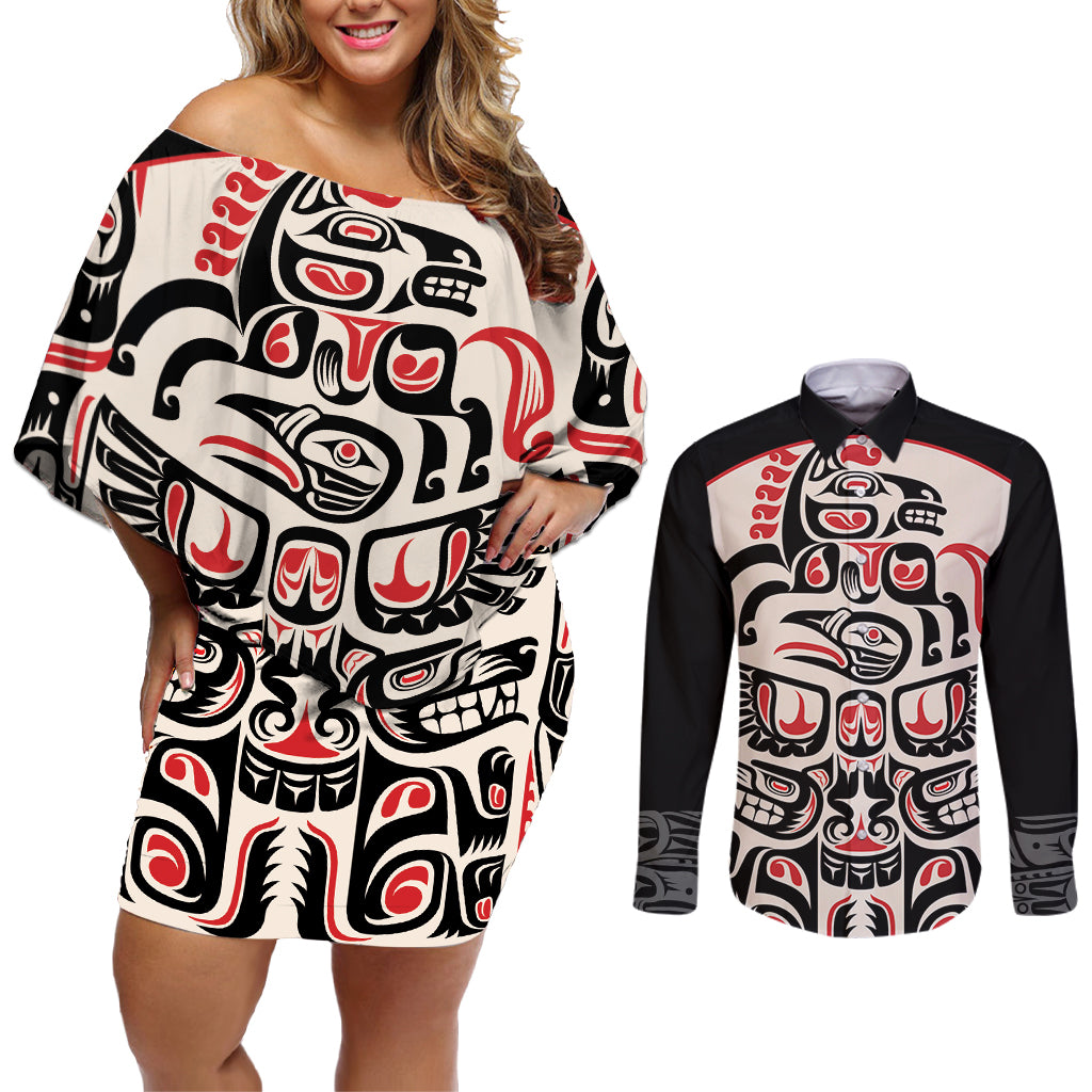 Personalized Canada Indigenous Haida Art Couples Matching Off Shoulder Short Dress and Long Sleeve Button Shirt LT9 - Wonder Print Shop