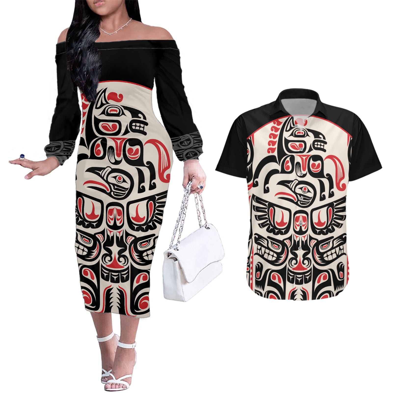 Personalized Canada Indigenous Haida Art Couples Matching Off The Shoulder Long Sleeve Dress and Hawaiian Shirt LT9 - Wonder Print Shop