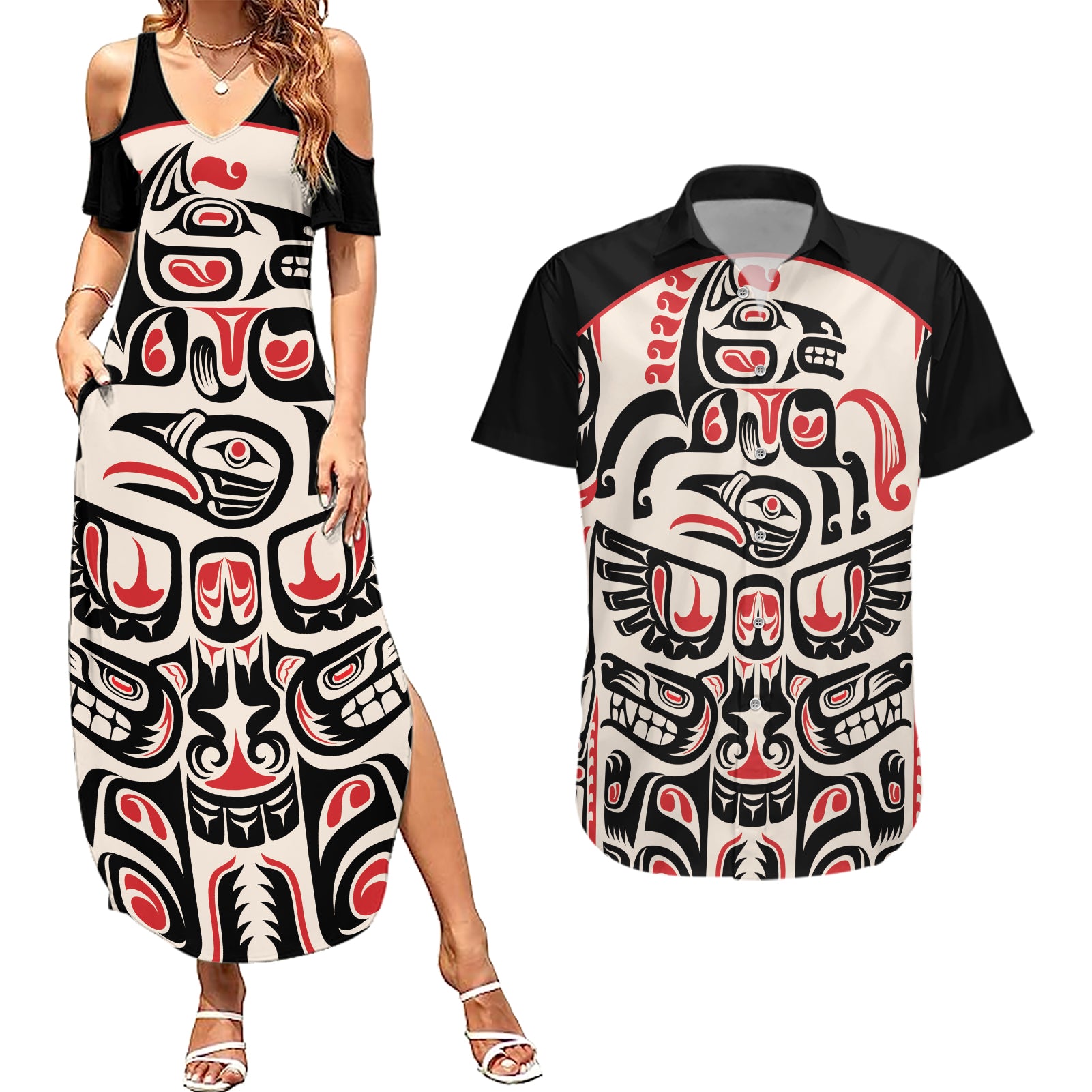 Personalized Canada Indigenous Haida Art Couples Matching Summer Maxi Dress and Hawaiian Shirt LT9 - Wonder Print Shop