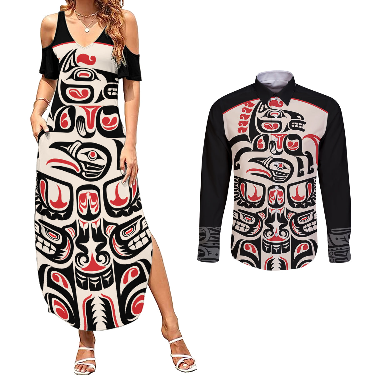 Personalized Canada Indigenous Haida Art Couples Matching Summer Maxi Dress and Long Sleeve Button Shirt LT9 - Wonder Print Shop