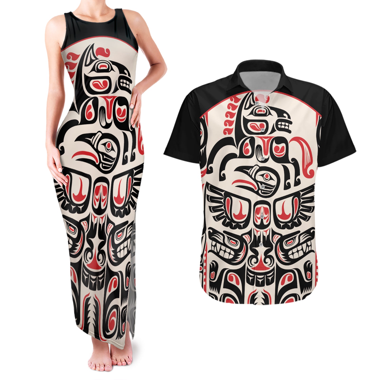 Personalized Canada Indigenous Haida Art Couples Matching Tank Maxi Dress and Hawaiian Shirt LT9 - Wonder Print Shop