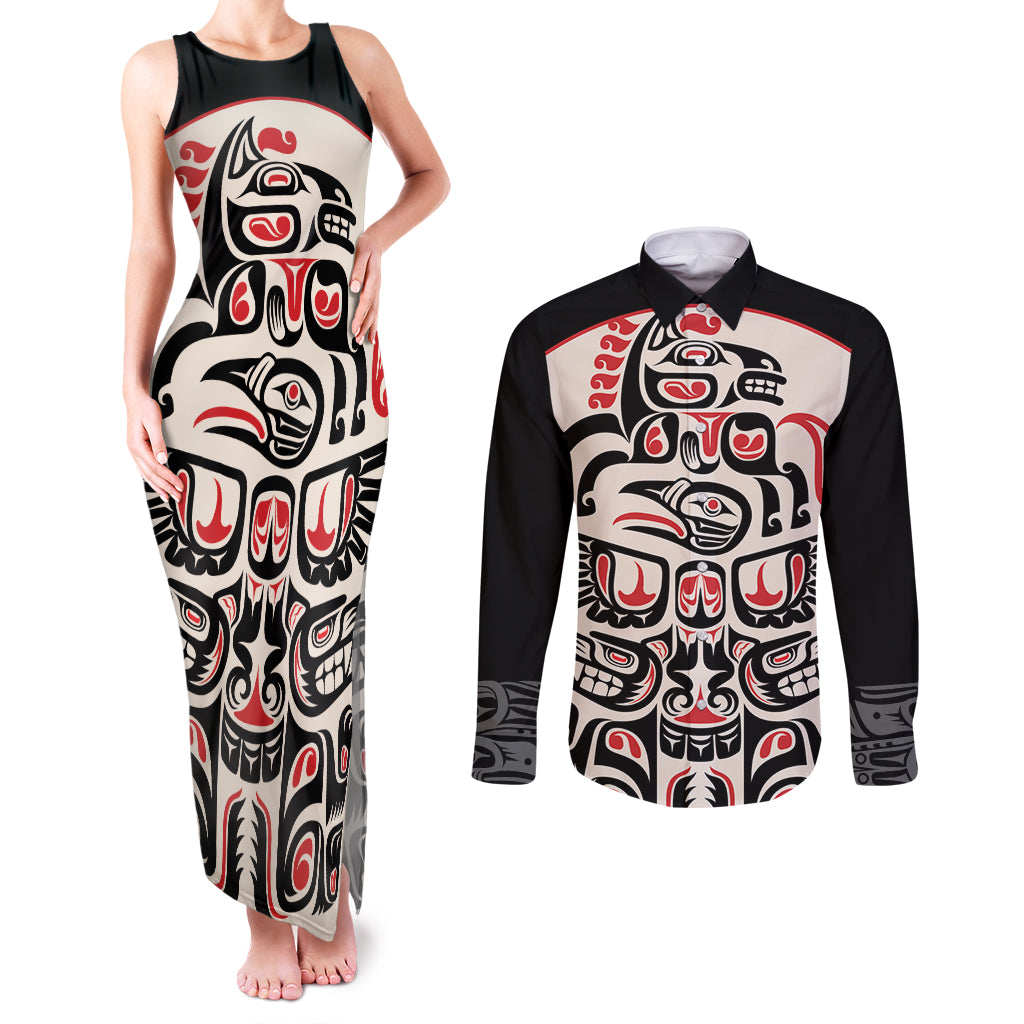 Personalized Canada Indigenous Haida Art Couples Matching Tank Maxi Dress and Long Sleeve Button Shirt LT9 - Wonder Print Shop