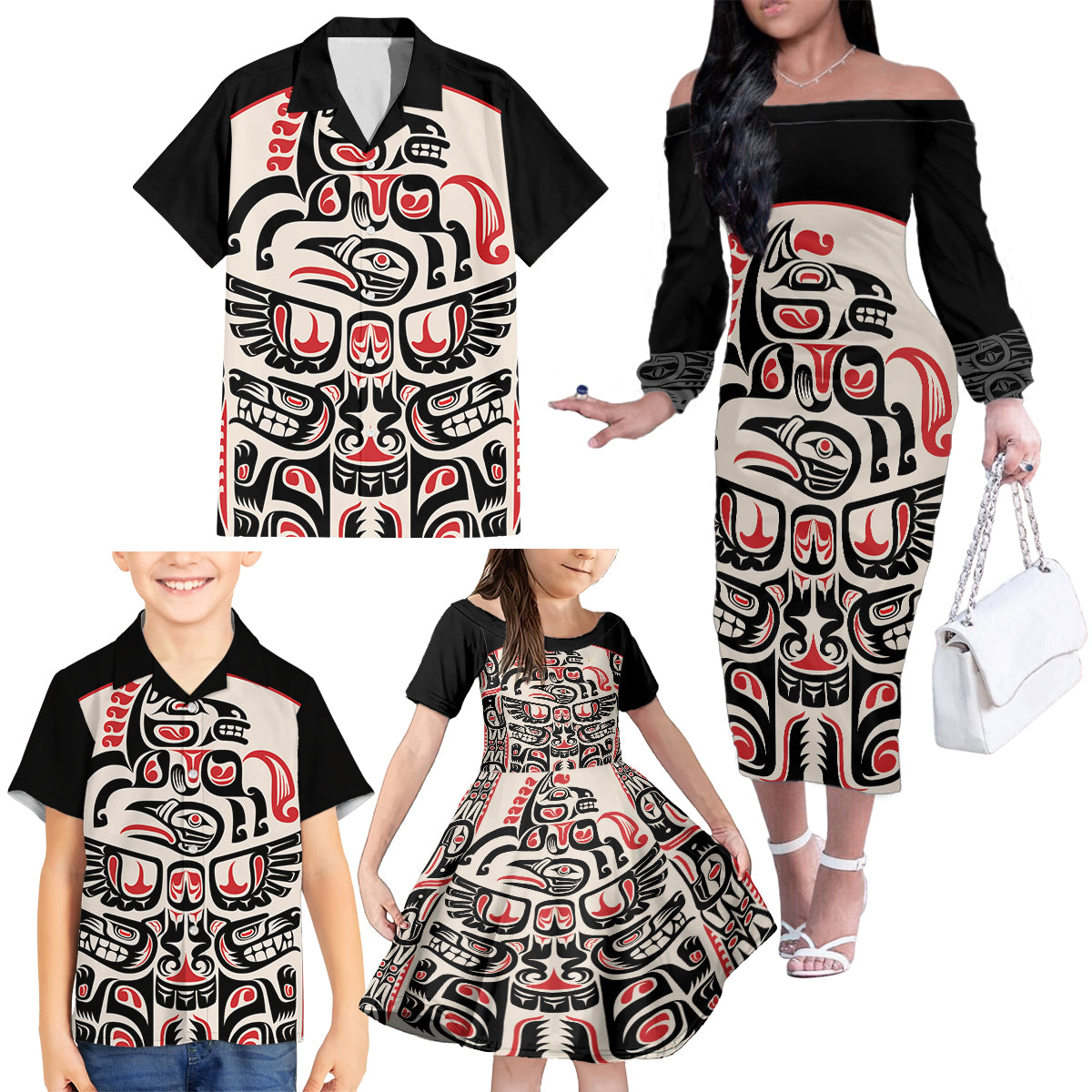 Personalized Canada Indigenous Haida Art Family Matching Off The Shoulder Long Sleeve Dress and Hawaiian Shirt - Wonder Print Shop