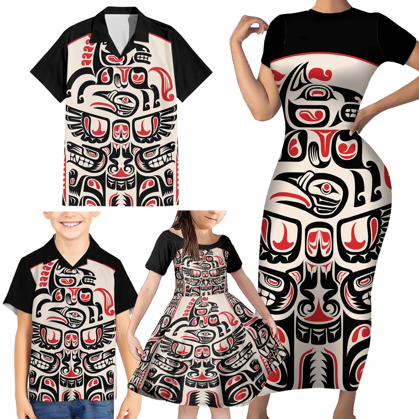 Personalized Canada Indigenous Haida Art Family Matching Short Sleeve Bodycon Dress and Hawaiian Shirt - Wonder Print Shop