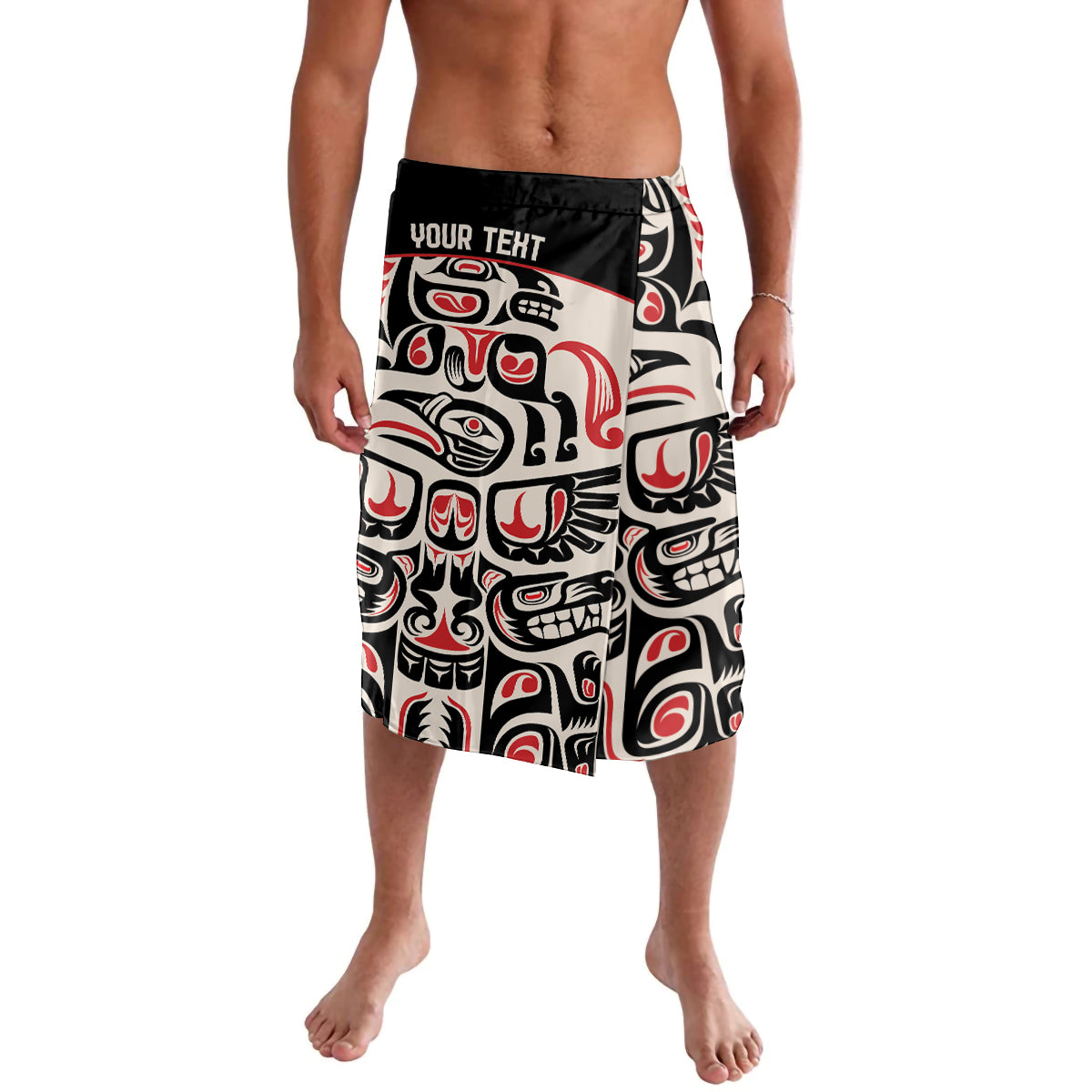 Knee-length swim shorts with bold Haida-style black, red, and white graphic