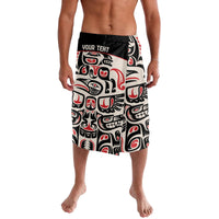 Knee-length swim shorts with bold Haida-style black, red, and white graphic