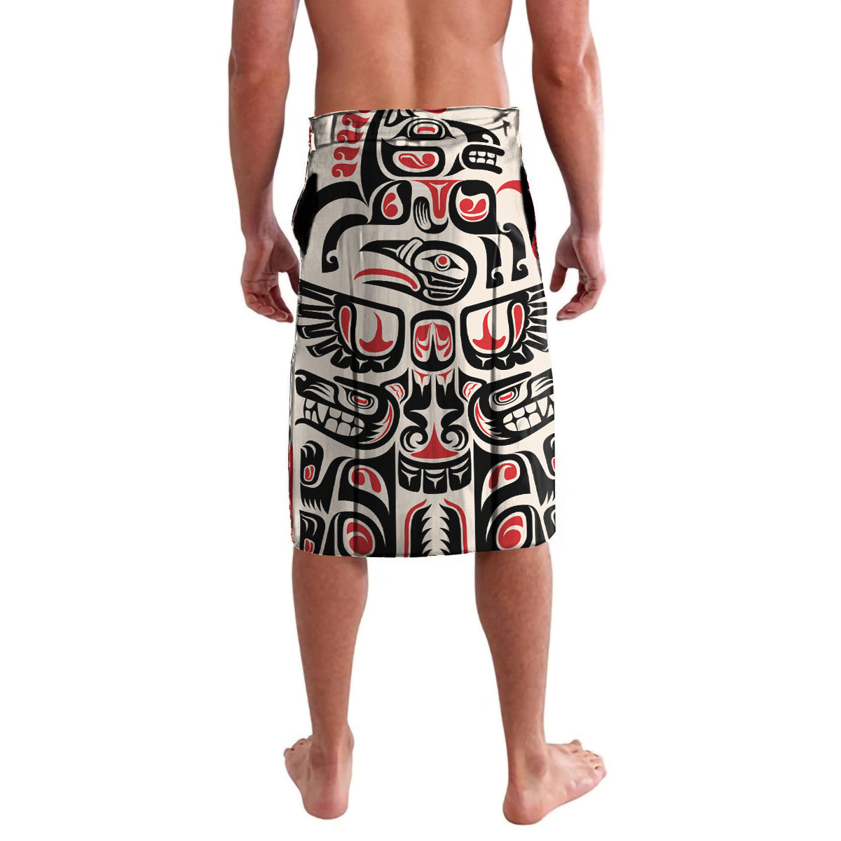 Knee-length swim shorts with central Haida-style totem graphic in black, red, white