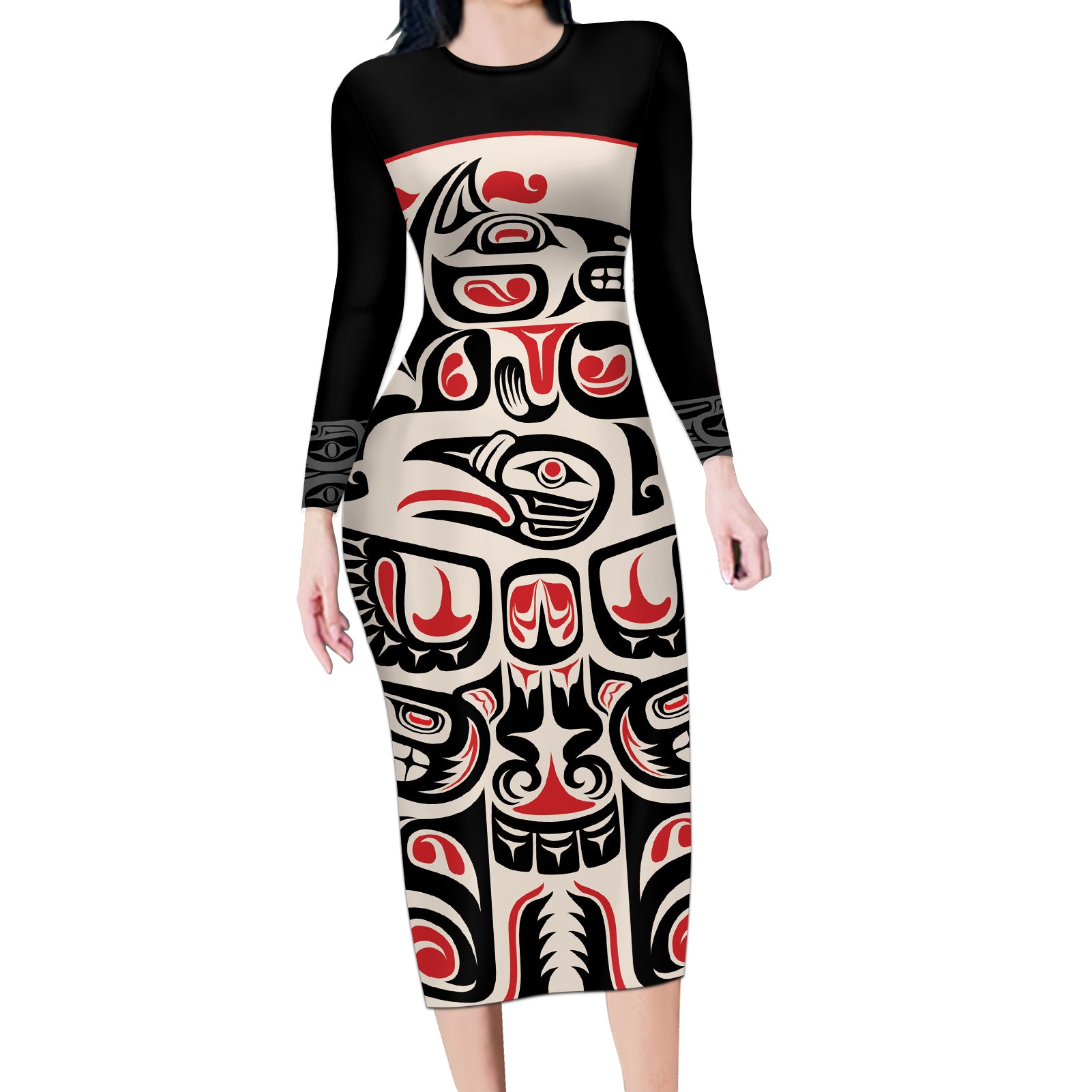 Personalized Canada Indigenous Haida Art Long Sleeve Bodycon Dress - Wonder Print Shop