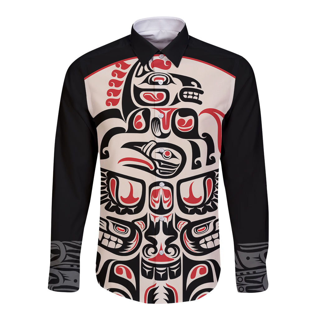 Black long sleeve button shirt with red-and-white Haida-style raven front graphic
