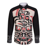 Black long sleeve button shirt with red-and-white Haida-style raven front graphic