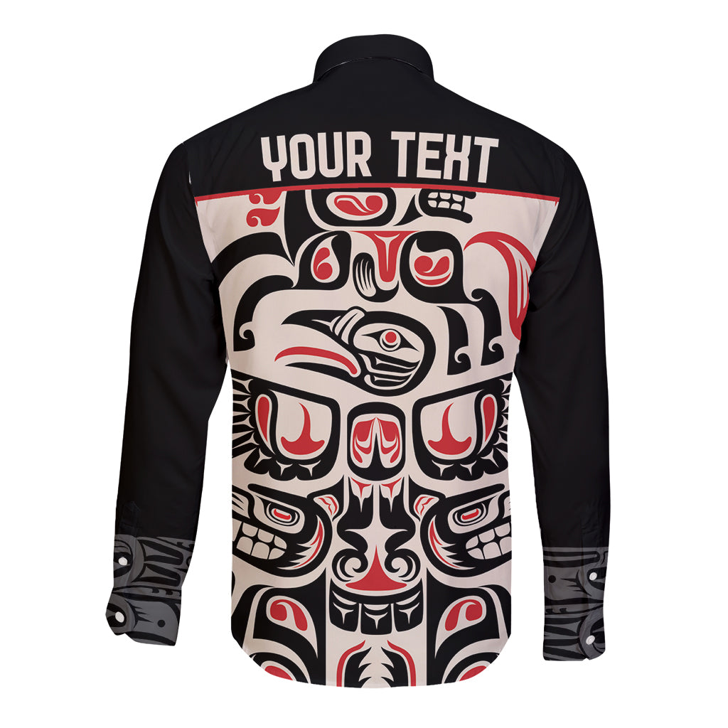 Black long sleeve button shirt with back Haida-style raven graphic and 'YOUR TEXT'