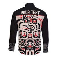 Black long sleeve button shirt with back Haida-style raven graphic and 'YOUR TEXT'