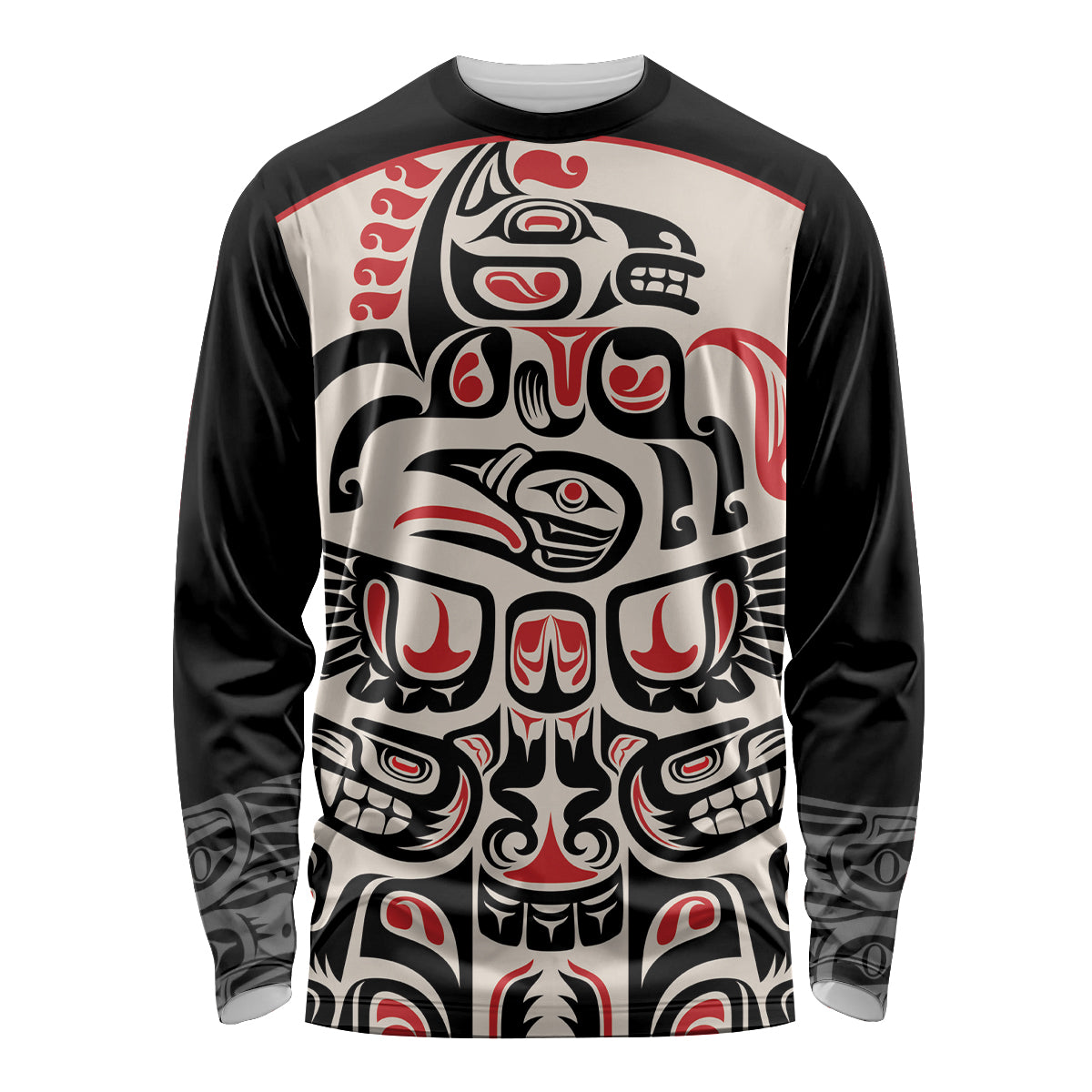 Black long-sleeve shirt with red and white Haida-style skull front graphic
