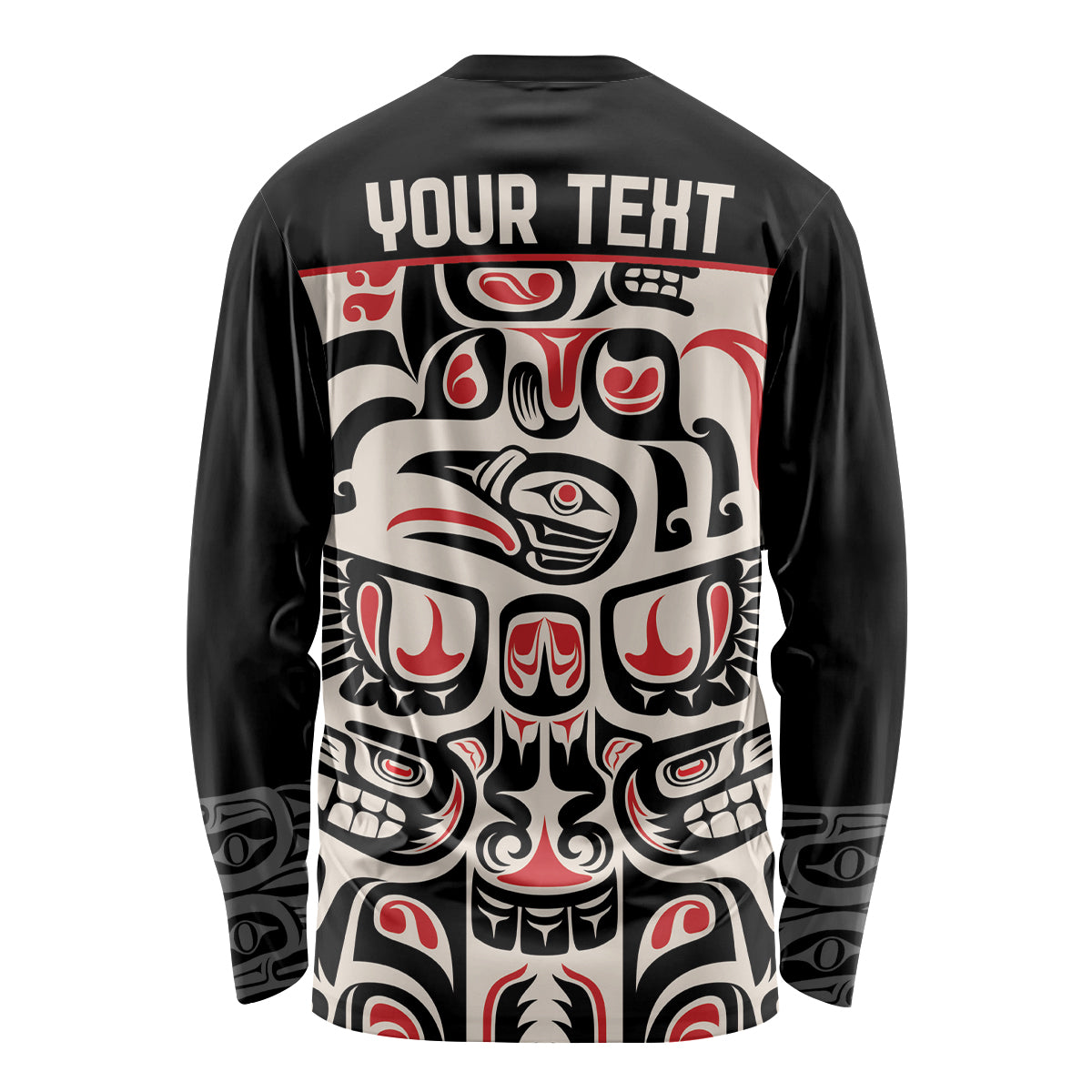 Black long-sleeve shirt with 'YOUR TEXT' back and red/white Haida skull design