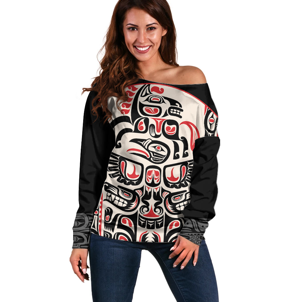 Personalized Canada Indigenous Haida Art Off Shoulder Sweater - Wonder Print Shop