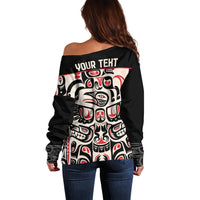 Off-shoulder black sweater, back view, 'YOUR TEXT' over red-and-white graphic