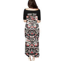 Long black dress with back “YOUR TEXT” and red/white Haida-style graphic print