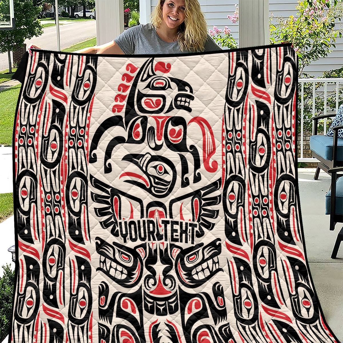 Personalized quilt with Haida raven and tribal patterns, black/white/red, YOUR TEXT