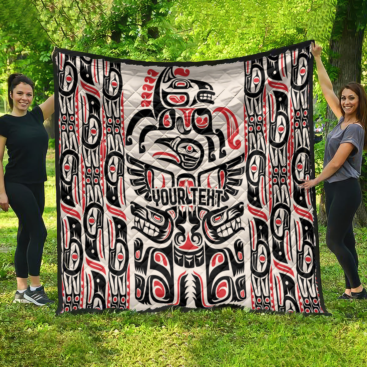 Personalized Haida art quilt with bold raven design, black/white/red, YOUR TEXT