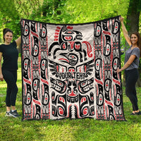 Personalized Haida art quilt with bold raven design, black/white/red, YOUR TEXT