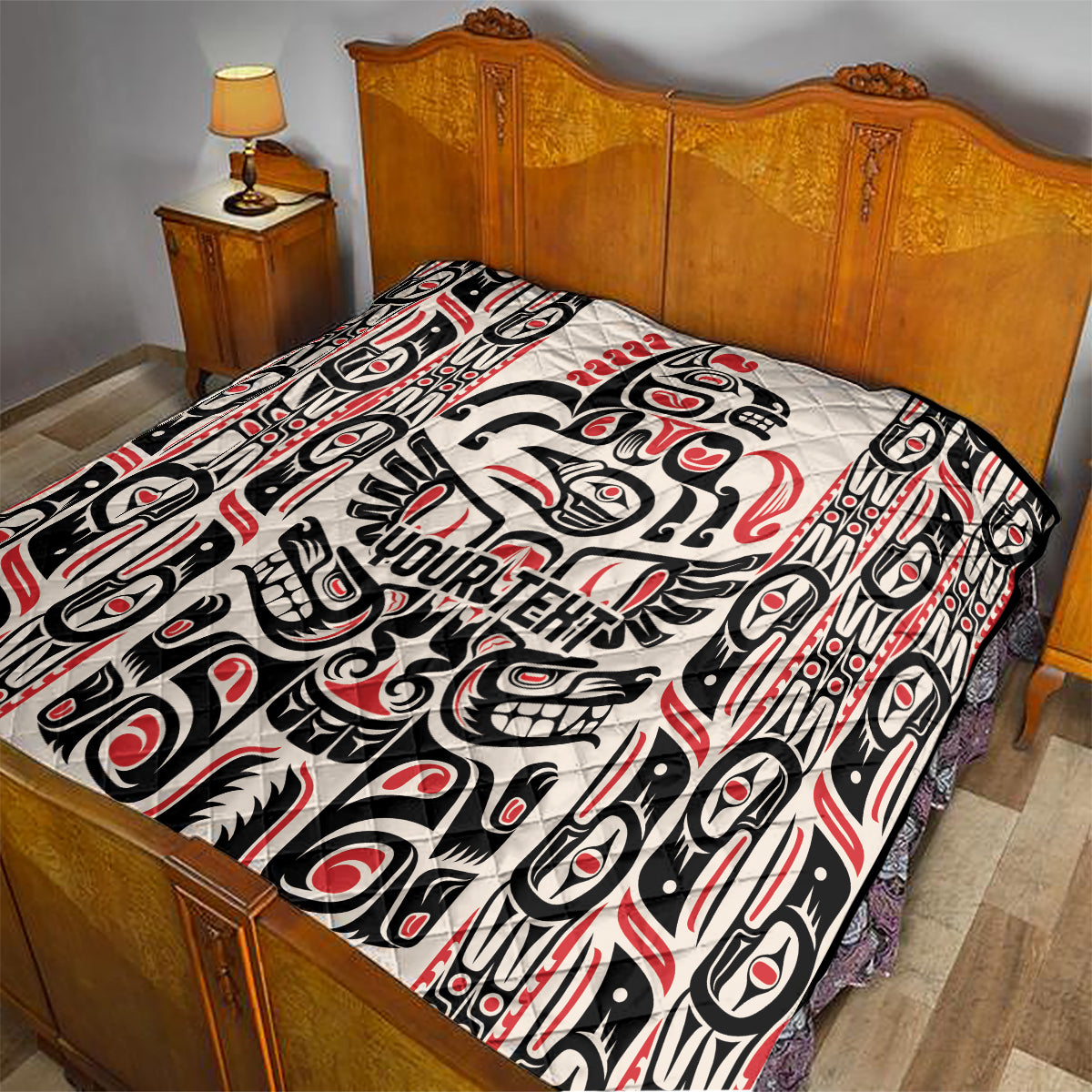 Personalized quilt blanket with Haida raven and tribal motifs, black/white/red, YOUR TEXT