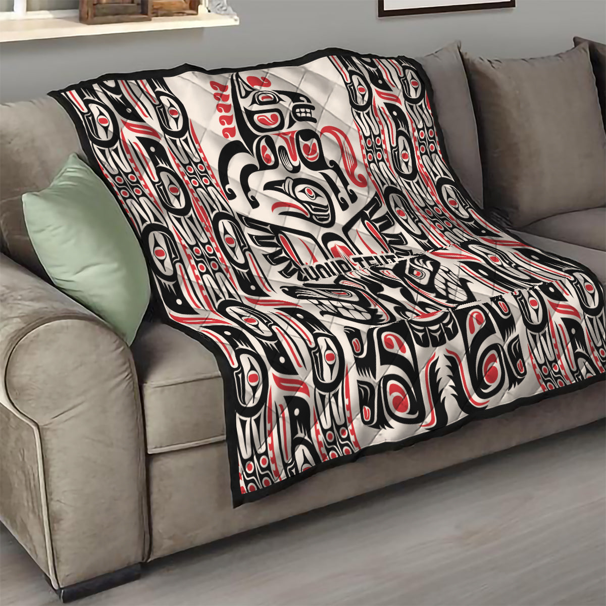 Personalized throw quilt with Haida raven pattern, black/white/red, YOUR TEXT