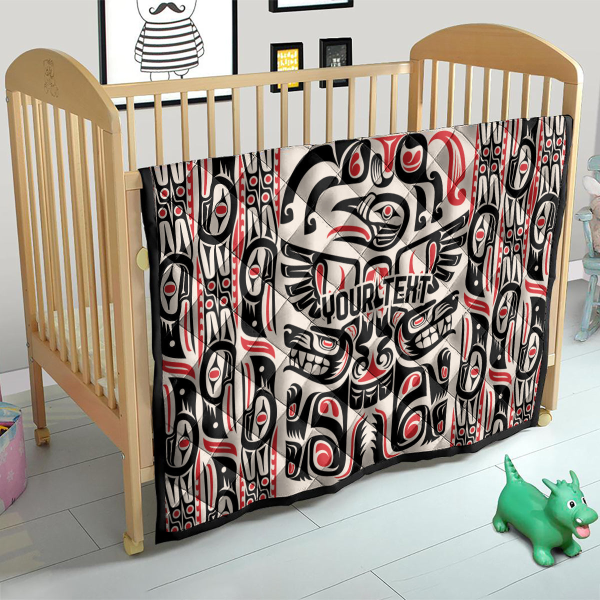 Personalized Haida quilt with raven and tribal artwork, black/white/red, YOUR TEXT