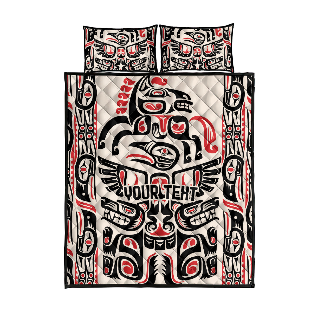 Bed quilt set with two pillow shams and black, white, red tribal totem artwork, flat lay