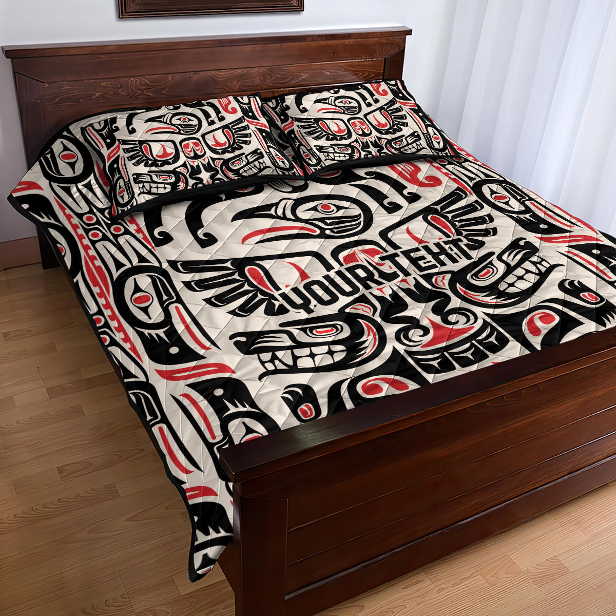 Quilt bed set on wooden bed frame, featuring black, white, red tribal totem design
