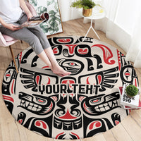 Round carpet with black, cream, and red totem pattern and 'YOURTEHT' lettering