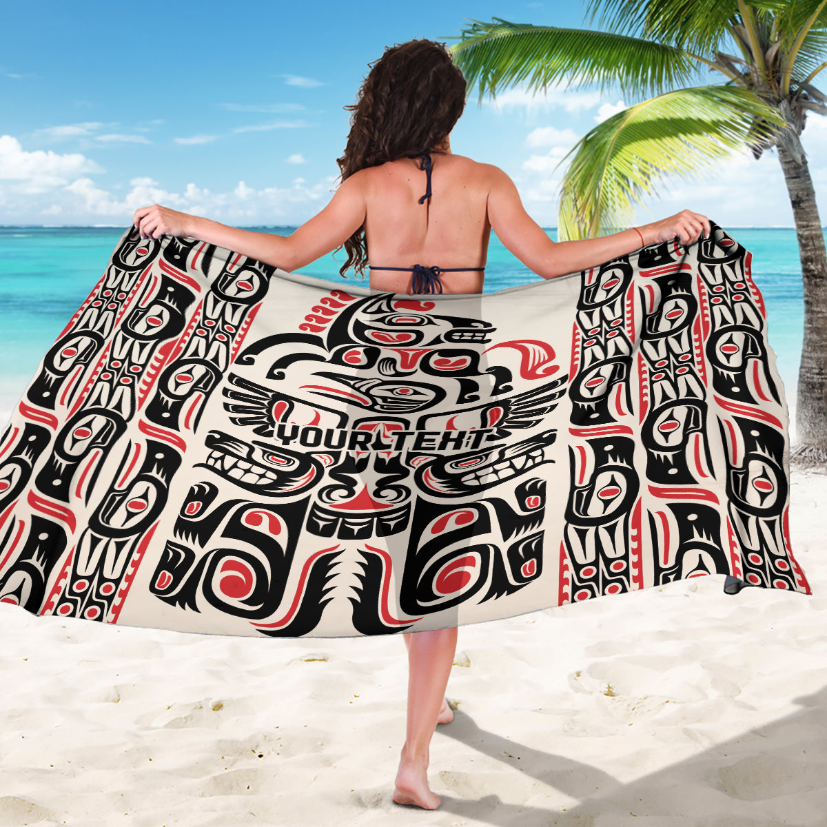 Personalized Haida art sarong spread wide, bold black-white-red totem design
