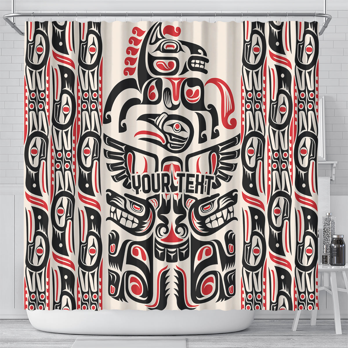 Personalized Haida art shower curtain, full front view with totem panels and 'YOUR TEXTS'
