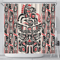 Personalized Haida art shower curtain, full front view with totem panels and 'YOUR TEXTS'