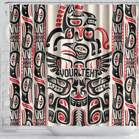 Personalized Haida art shower curtain with grommets, totem graphics in black, white, and red