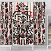 Personalized Haida art shower curtain with red accents, central totem and 'YOUR TEXTS'