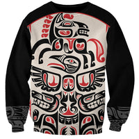 Unisex black sweatshirt with red and white Haida-style totem graphic panel