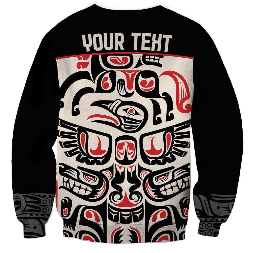 Unisex black sweatshirt back with 'YOUR TEXT' and red/white Haida-style totem print