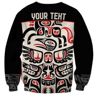 Unisex black sweatshirt back with 'YOUR TEXT' and red/white Haida-style totem print