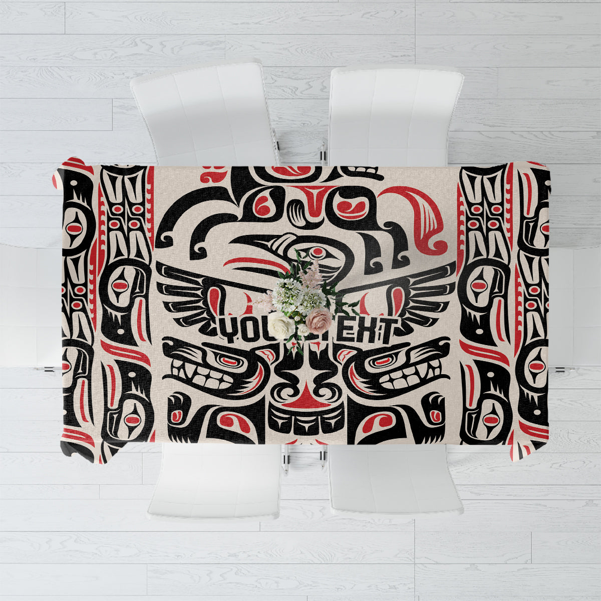 Personalized tablecloth with white base, black and red Haida-style artwork