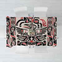 Personalized tablecloth with white base, black and red Haida-style artwork