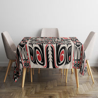Personalized tablecloth square topper with black, red, and white Haida-style artwork