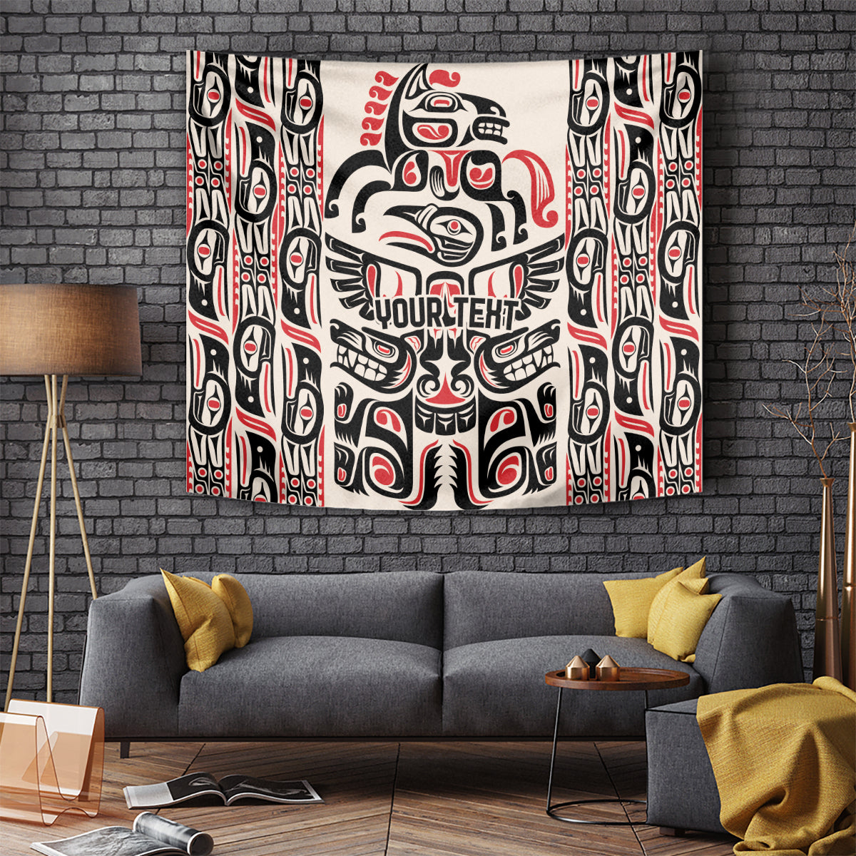 Rectangular Haida-style tapestry, red and black totem figures with patterned side panels