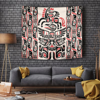 Rectangular Haida-style tapestry, red and black totem figures with patterned side panels