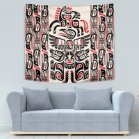 Haida-style tapestry with centered totem face and red accents, flanked by tribal columns