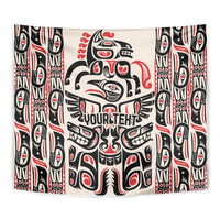 Rectangular Haida-style tapestry with red, black, and white totem face design