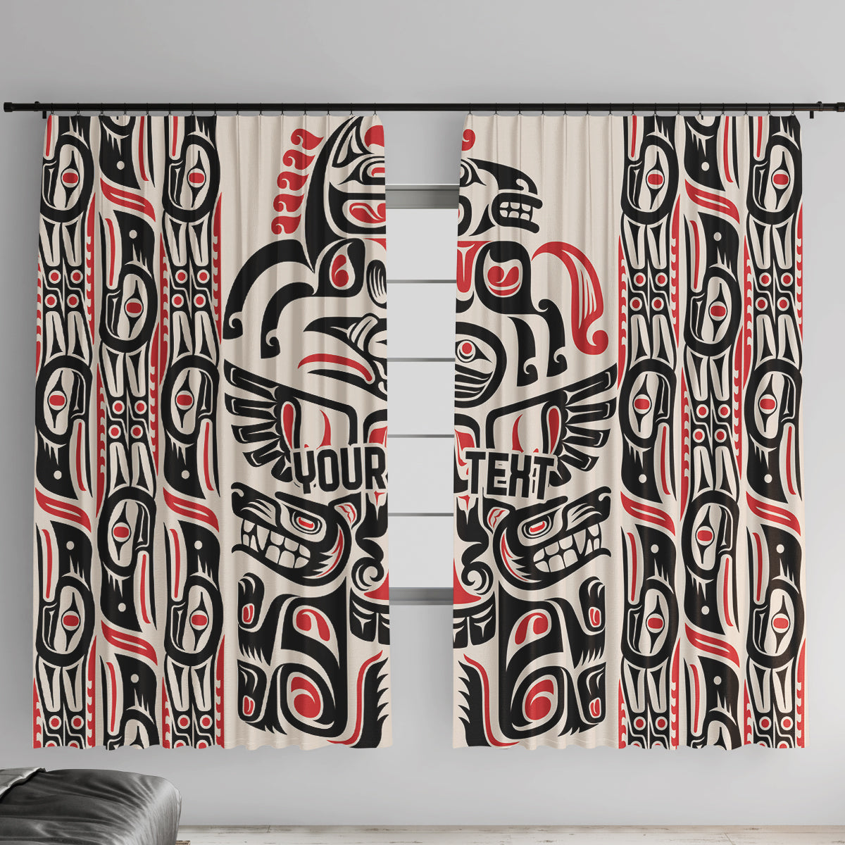 Red, black and white Haida-style window curtain panel with bold tribal artwork