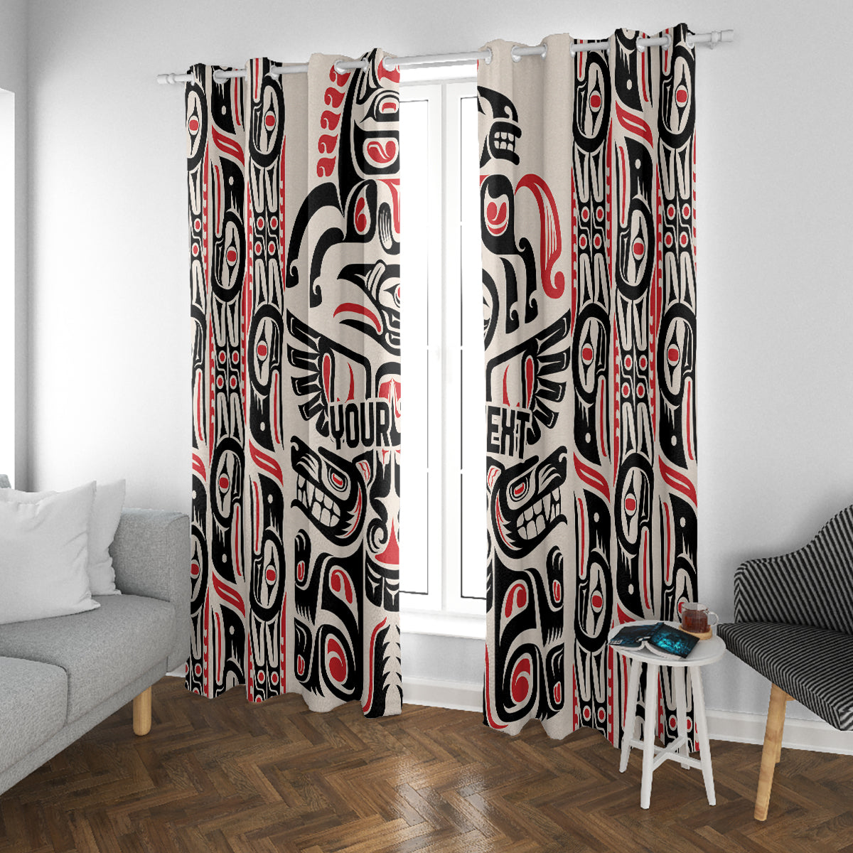 Haida-style window curtains with bold eagle motif in red, black, and white