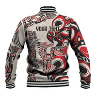 Black-and-red-and-white patterned baseball jacket back with ribbed hem and 'YOUR TEXT' graphic.
