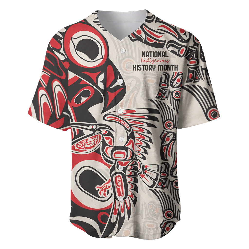 Red, white and black patterned baseball jersey with National Indigenous History Month print