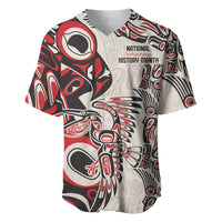 Red, white and black patterned baseball jersey with National Indigenous History Month print